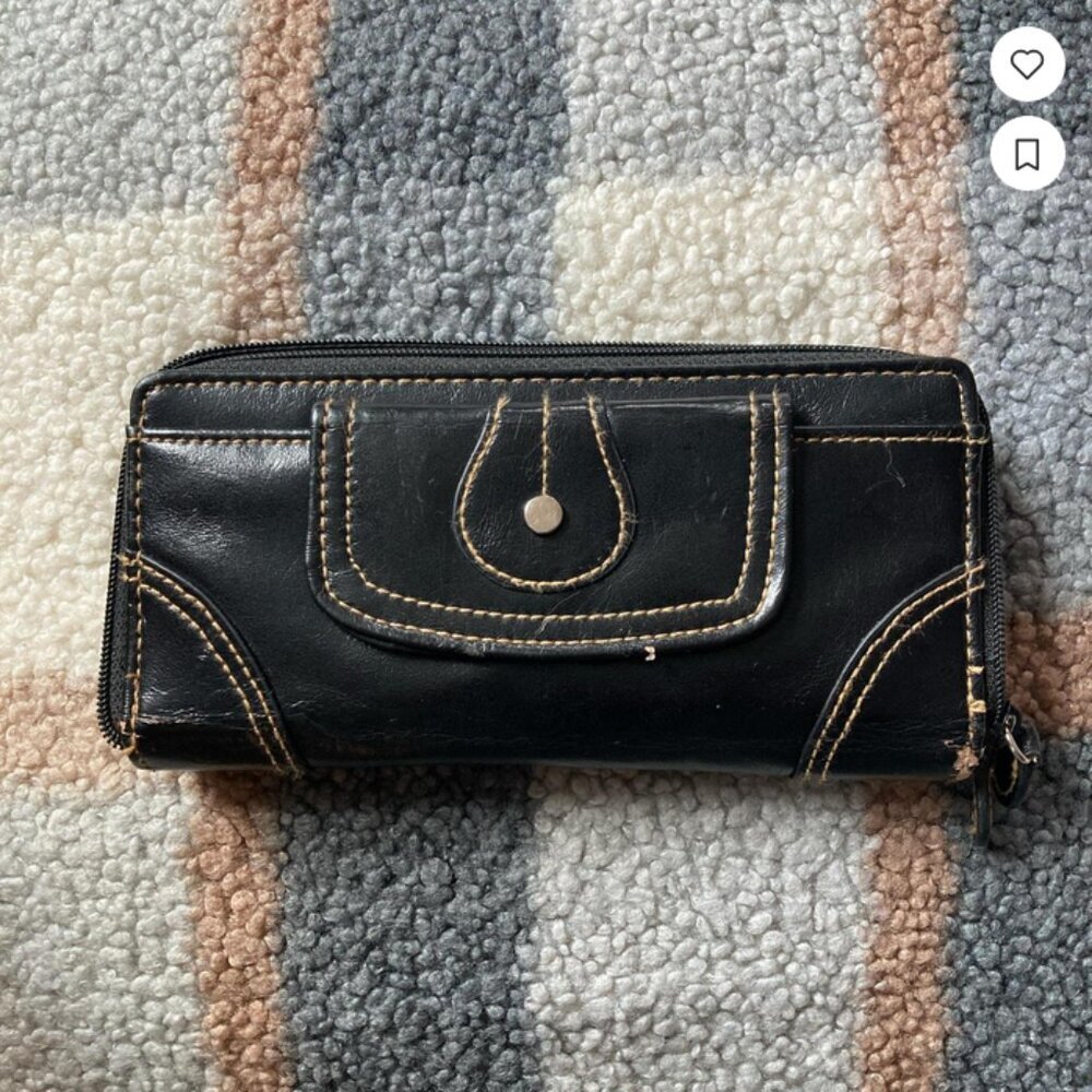 Black faux leather with light brown stitching wallet with loads of storage GUC - Picture 1 of 7